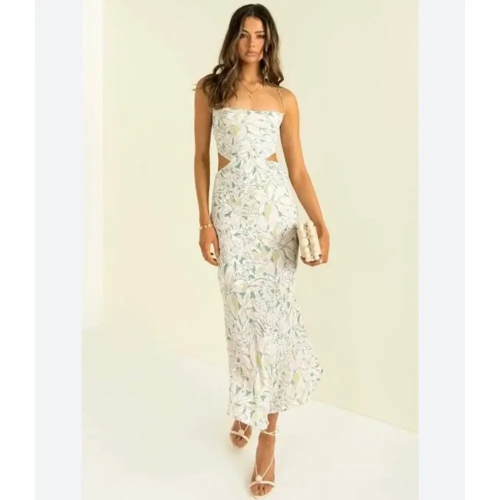 Sundae Muse Aloe Floral Cut Out Tie Back Maxi Dress White Green 10 - Picture 1 of 6
